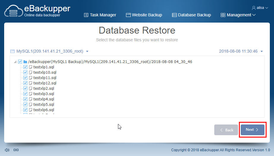 Select Files for MySQL Database Restore